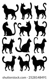 Uma coleção versátil de vetores de silhueta de gato, perfeito para logotipos, desenhos, t-shirts, cartazes e projetos criativos. Inclui várias poses e estilos para todas as suas criações com tema felino.