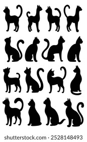 Uma coleção versátil de vetores de silhueta de gato, perfeito para logotipos, desenhos, t-shirts, cartazes e projetos criativos. Inclui várias poses e estilos para todas as suas criações com tema felino.