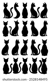 Uma coleção versátil de vetores de silhueta de gato, perfeito para logotipos, desenhos, t-shirts, cartazes e projetos criativos. Inclui várias poses e estilos para todas as suas criações com tema felino.