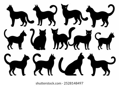 Uma coleção versátil de vetores de silhueta de gato, perfeito para logotipos, desenhos, t-shirts, cartazes e projetos criativos. Inclui várias poses e estilos para todas as suas criações com tema felino.