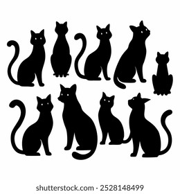 Uma coleção versátil de vetores de silhueta de gato, perfeito para logotipos, desenhos, t-shirts, cartazes e projetos criativos. Inclui várias poses e estilos para todas as suas criações com tema felino.