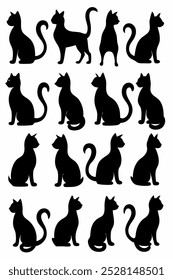 Uma coleção versátil de vetores de silhueta de gato, perfeito para logotipos, desenhos, t-shirts, cartazes e projetos criativos. Inclui várias poses e estilos para todas as suas criações com tema felino.