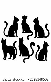 Uma coleção versátil de vetores de silhueta de gato, perfeito para logotipos, desenhos, t-shirts, cartazes e projetos criativos. Inclui várias poses e estilos para todas as suas criações com tema felino.