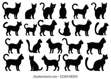 Uma coleção versátil de vetores de silhueta de gato, perfeito para logotipos, desenhos, t-shirts, cartazes e projetos criativos. Inclui várias poses e estilos para todas as suas criações com tema felino.