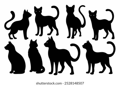 Uma coleção versátil de vetores de silhueta de gato, perfeito para logotipos, desenhos, t-shirts, cartazes e projetos criativos. Inclui várias poses e estilos para todas as suas criações com tema felino.