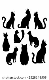 Uma coleção versátil de vetores de silhueta de gato, perfeito para logotipos, desenhos, t-shirts, cartazes e projetos criativos. Inclui várias poses e estilos para todas as suas criações com tema felino.