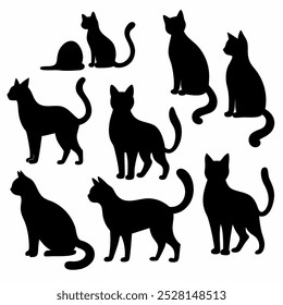 Uma coleção versátil de vetores de silhueta de gato, perfeito para logotipos, desenhos, t-shirts, cartazes e projetos criativos. Inclui várias poses e estilos para todas as suas criações com tema felino.