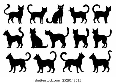 Uma coleção versátil de vetores de silhueta de gato, perfeito para logotipos, desenhos, t-shirts, cartazes e projetos criativos. Inclui várias poses e estilos para todas as suas criações com tema felino.