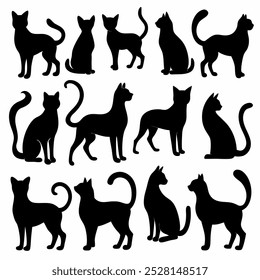 Uma coleção versátil de vetores de silhueta de gato, perfeito para logotipos, desenhos, t-shirts, cartazes e projetos criativos. Inclui várias poses e estilos para todas as suas criações com tema felino.