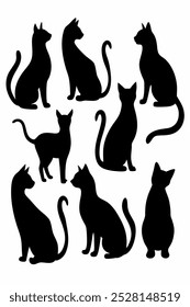 Uma coleção versátil de vetores de silhueta de gato, perfeito para logotipos, desenhos, t-shirts, cartazes e projetos criativos. Inclui várias poses e estilos para todas as suas criações com tema felino.