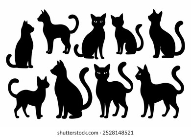 Uma coleção versátil de vetores de silhueta de gato, perfeito para logotipos, desenhos, t-shirts, cartazes e projetos criativos. Inclui várias poses e estilos para todas as suas criações com tema felino.