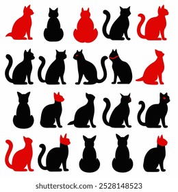 Uma coleção versátil de vetores de silhueta de gato, perfeito para logotipos, desenhos, t-shirts, cartazes e projetos criativos. Inclui várias poses e estilos para todas as suas criações com tema felino.