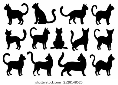 Uma coleção versátil de vetores de silhueta de gato, perfeito para logotipos, desenhos, t-shirts, cartazes e projetos criativos. Inclui várias poses e estilos para todas as suas criações com tema felino.