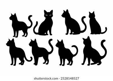 Uma coleção versátil de vetores de silhueta de gato, perfeito para logotipos, desenhos, t-shirts, cartazes e projetos criativos. Inclui várias poses e estilos para todas as suas criações com tema felino.