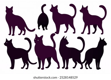 Uma coleção versátil de vetores de silhueta de gato, perfeito para logotipos, desenhos, t-shirts, cartazes e projetos criativos. Inclui várias poses e estilos para todas as suas criações com tema felino.