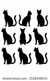 Uma coleção versátil de vetores de silhueta de gato, perfeito para logotipos, desenhos, t-shirts, cartazes e projetos criativos. Inclui várias poses e estilos para todas as suas criações com tema felino.