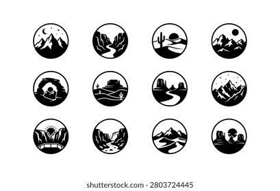 Versatile collection of circular outdoor landscape badges featuring geological formations including desert arches canyons cactus plants and starry night skies. High quality vector graphics suitable for travel agency branding badge design adventure apparel logos and icons.