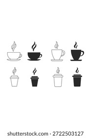 Uma coleção versátil de ícones de café com copos de tirar e canecas de cerâmica. Inclui contorno e estilos sólidos correspondentes para atender a qualquer layout digital ou de impressão.