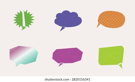 A versatile collection of colorful textured speech bubbles and message frames. Features a green starburst burst element, a blue cloud speech bubble, an orange checkered oval bubble, a smooth gradient geometric frame, a textured purple dialog box, and a lime-green chat frame. Perfect for comic art, web banners, promotional sales labels, social media posts, and UI graphics.

#SpeechBubble #VectorArt #GraphicDesign #ComicBubbles #TextFrame #ChatBox #DesignElements #CreativeVector #DialogBox #Illustration #WebDesign #BannerDesign #SocialMediaGraphics #PaperCutDesign #VectorGraphics