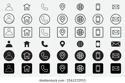 Versatile collection of contact and navigation icons in various styles, including user profiles, home, phone, location, globe, mobile, and email symbols. Ideal for UI UX or web design projects.