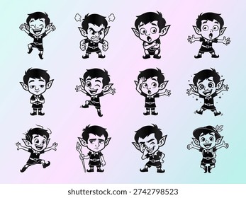 A versatile collection of cute cartoon elf characters displaying a range of emotions and actions in a minimalist black and white vector style, perfect for design projects, games, or holiday themes.