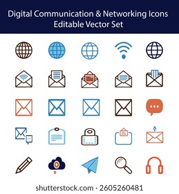 A versatile collection of digital communication and networking icons, perfect for websites, apps, presentations, and infographics. Fully editable vector format for seamless customization.