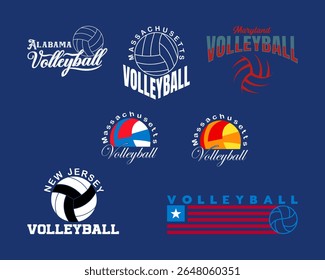 A versatile collection of distinct volleyball-themed logos and emblems, each featuring state names such as Alabama, Massachusetts, Maryland, and New Jersey.