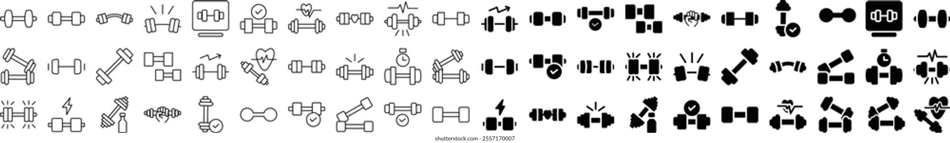 A versatile collection of dumbbell icons in various styles, including outline and solid designs. Perfect for fitness, gym, exercise, and workout themes, ideal for web and app design.
