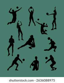 A versatile collection of dynamic volleyball player silhouettes in various poses, capturing the essential movements of the sport. Perfect for sports-related designs, advertisements
