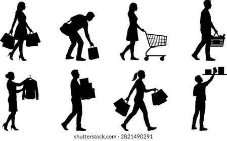 A versatile collection of eight black silhouettes showing men and women engaged in retail shopping activities. Perfect for supermarket promotions, mall advertisements, fashion retail marketing, e-commerce banners, and consumer behavior concept designs.A versatile collection of eight black silhouettes showing men and women engaged in retail shopping activities. Perfect for supermarket promotions, mall advertisements, fashion retail marketing, e-commerce banners, and consumer behavior concept designs.