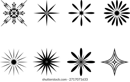 Eine vielseitige Kollektion von acht verschiedenen schwarz-weißen Vektorsymbolen, die verschiedene abstrakte Blumen-, Sternzeichen- und Zierformen zeigen. Diese grafischen Elemente sind mit einer sauberen, minimalistischen Ästhetik gestaltet, perfekt für moderne Designprojekte. Jedes Symbol verfügt über klare Linien und eine monochromatische Palette, sodass sie sich für Branding, Logos, Muster, Hintergründe, Webdesign, Printmedien, Einladungen oder dekorative Akzente gut anpassen lassen. Dieses Set bietet einen eleganten und zeitlosen visuellen Reiz für vielfältige kreative Anwendungen.