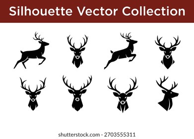 Uma coleção versátil de elegantes silhuetas de veados pretos e veados, perfeita para logotipos, emblemas e projetos de design gráfico.