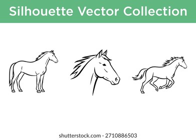Una colección versátil de elegantes siluetas de caballo en varias poses, perfecta para proyectos de Diseño gráfico.