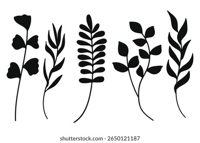 A versatile collection of five distinct black silhouette illustrations of various botanical elements, including different types of leaves and branches. 