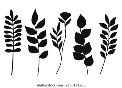 A versatile collection of five distinct black silhouette illustrations of various botanical elements, including different types of leaves and branches. 