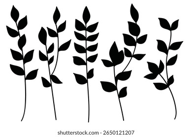 A versatile collection of five distinct black silhouette illustrations of various botanical elements, including different types of leaves and branches. 