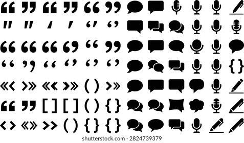 A versatile collection of flat black communication and typography icons featuring quotation marks, speech bubbles, microphones, brackets, pencils, and messaging symbols. Perfect for chat apps, editorial design, UI interfaces, coding projects, presentations, websites, and print materials.