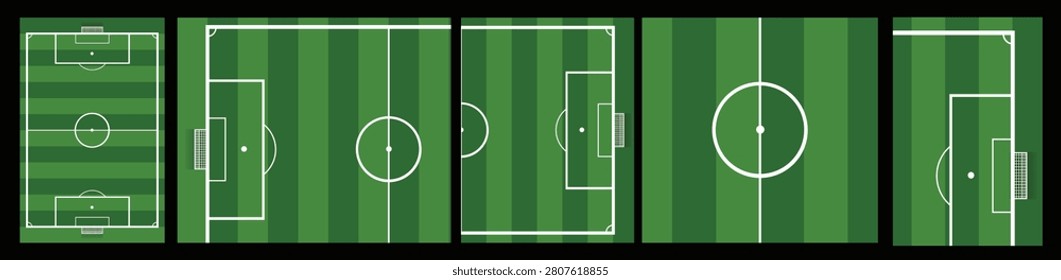 A versatile collection of flat soccer pitch layouts showing various aerial crop options with white markings on green grass stripes.