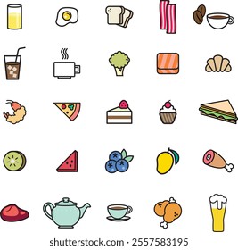 A versatile collection of food and drink icons in vector format, featuring a wide variety of items including a pint of beer, kiwi, slice of cake, cup of coffee, bacon strip, toast, shrimp, steak, cupc