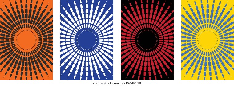 A versatile collection of four abstract radial halftone patterns featuring a dynamic sunburst design. These retro-inspired backgrounds in bold orange, blue, red, and yellow are perfect for comic book aesthetics, pop art posters, social media banners, and modern graphic design projects.