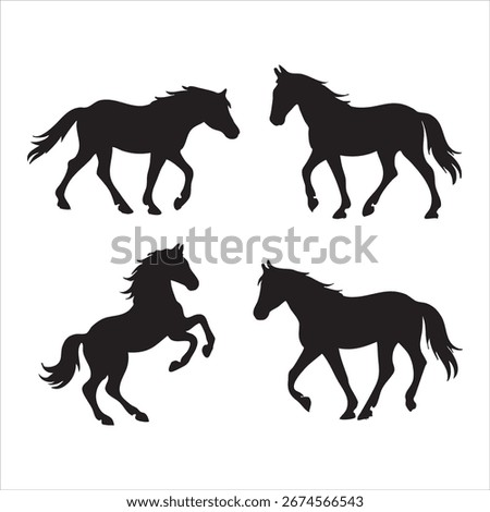A versatile collection of four black horse silhouettes showcasing various poses like walking, standing, and rearing, perfect for vector design