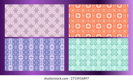 Una colección versátil de cuatro elegantes patrones florales sin costuras en lavanda, coral, azul y verde menta. Ideal para fondos, textiles, invitaciones y varios diseños digitales e impresos.