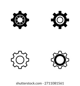 Una colección versátil de cuatro íconos minimalistas de engranajes en blanco y negro, que representan varias Configuraciones, procesos o funciones del sistema, aislados en blanco.