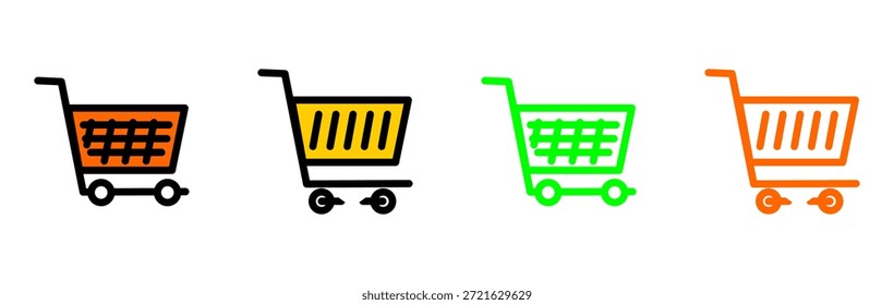​Una colección versátil de cuatro íconos de Carrito de compras en diferentes combinaciones de colores que incluyen negro, naranja, verde y amarillo vibrante