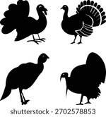 A versatile collection of four stylized black turkey silhouettes in various poses, ideal for Thanksgiving, harvest, farm, and poultry-related design projects.