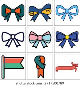 Una colección versátil de lazos de regalo geométricos, iconos de cinta plana y un diseño de bandera clásico en un estilo de contorno limpio. Incluye varias pajaritas anudadas en colores llamativos como azul marino, verde azulado y rosa, perfectas para la marca moderna, decoraciones festivas y Elementos de diseño UI.