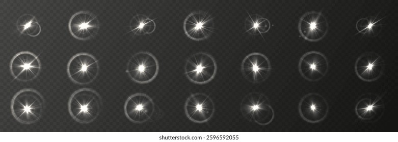 Versatile collection of glowing light effects, including lens flares, sparkles, and starbursts. A high-quality vector illustration featuring dynamic highlights, radiant glows, and transparent sunlight