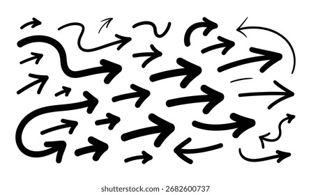 A versatile collection of graphic elements featuring various arrow styles, including directional, pointing, and decorative designs, suitable for diverse design projects.