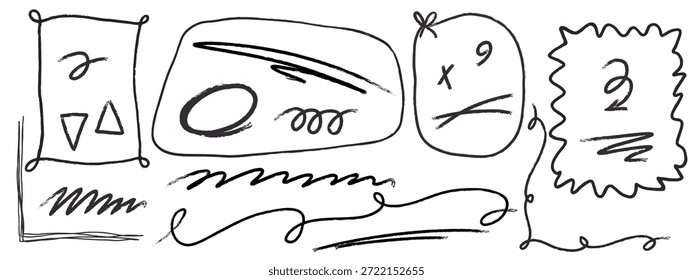 Colección versátil de marcos de doodle dibujados a mano, símbolos, Formas abstractas y acentos gráficos con estilo de boceto y tinta ásperos, aislados en el fondo blanco para la marca, redes sociales, interfaz de usuario y diseño creativo.