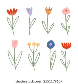Colección versátil de floral dibujado a mano. Un conjunto completo de ocho flores dibujadas a mano en un estilo limpio y moderno, perfecto para la decoración, artesanías y proyectos creativos en varios temas